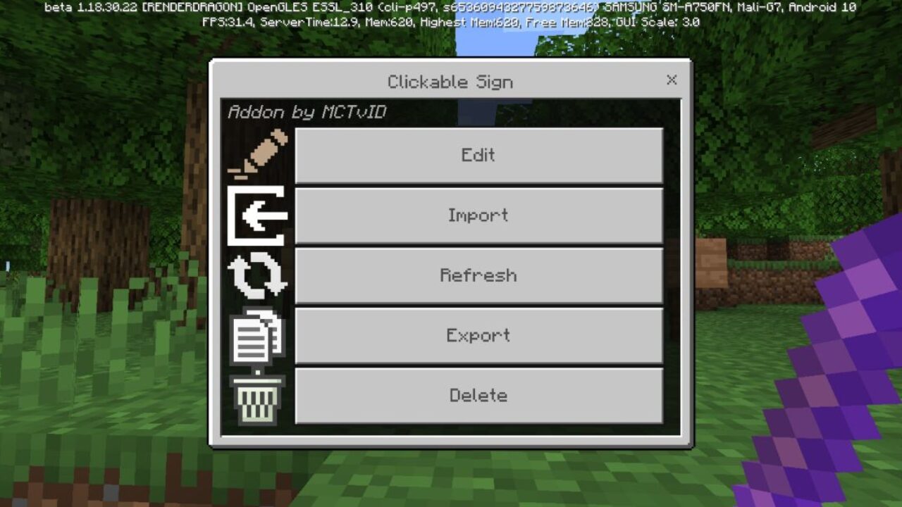 Menu from Signs Mod for Minecraft PE