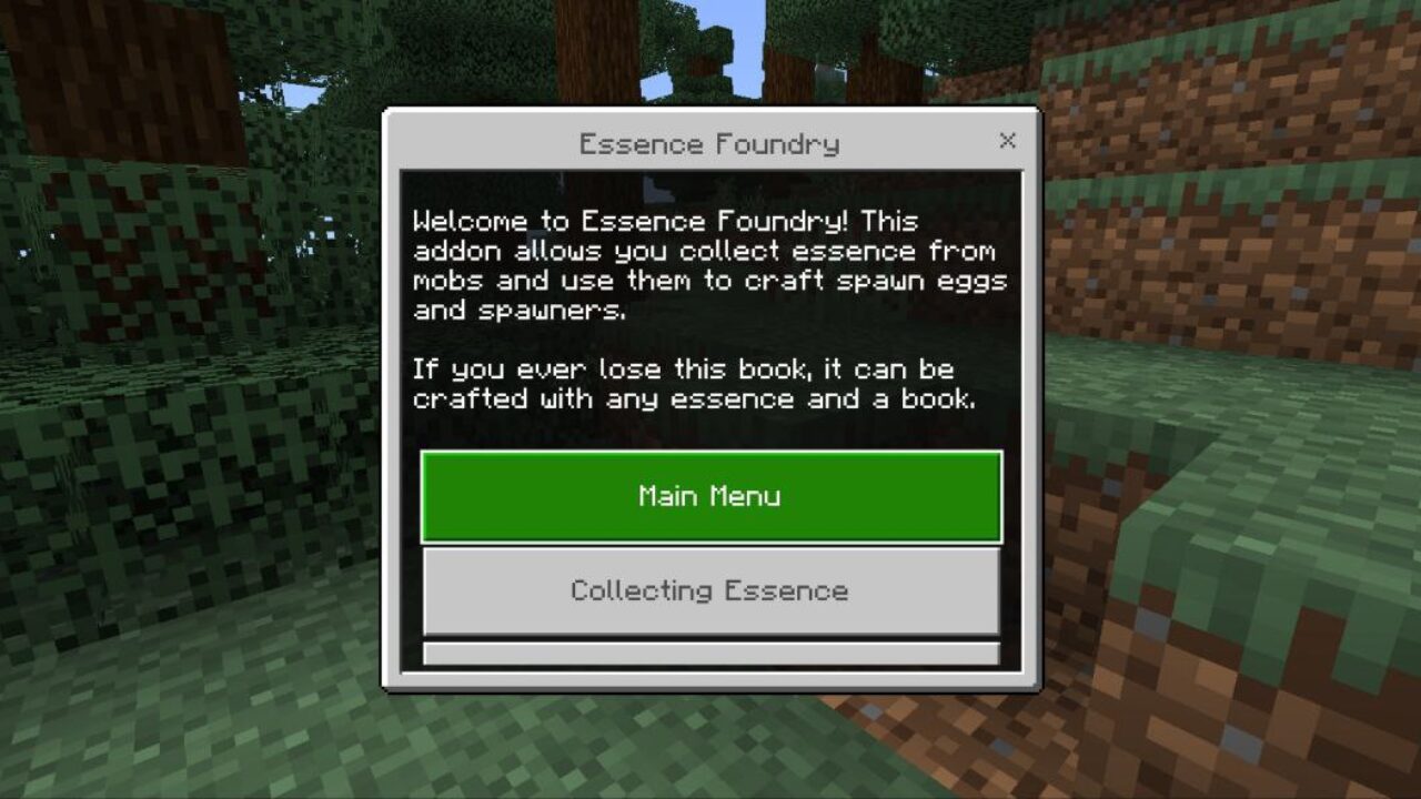 Menu from Essence Foundry Mod for Minecraft PE