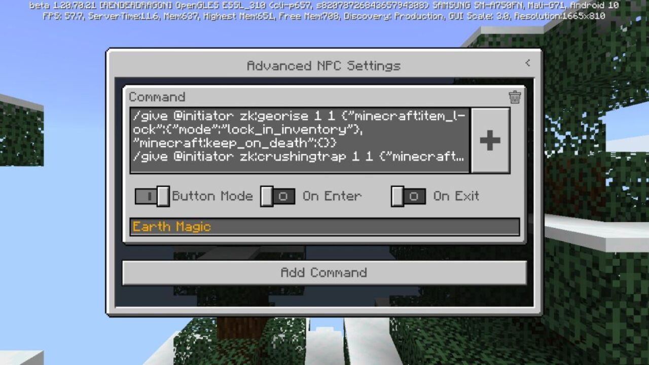 Commands from Earth Magic Mod for Minecraft PE