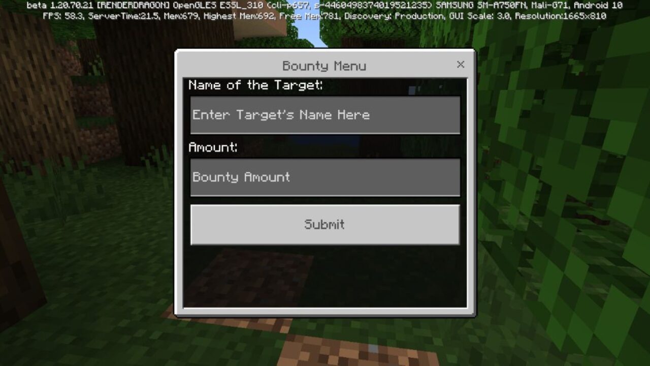 Menu from Bounty System Mod for Minecraft PE