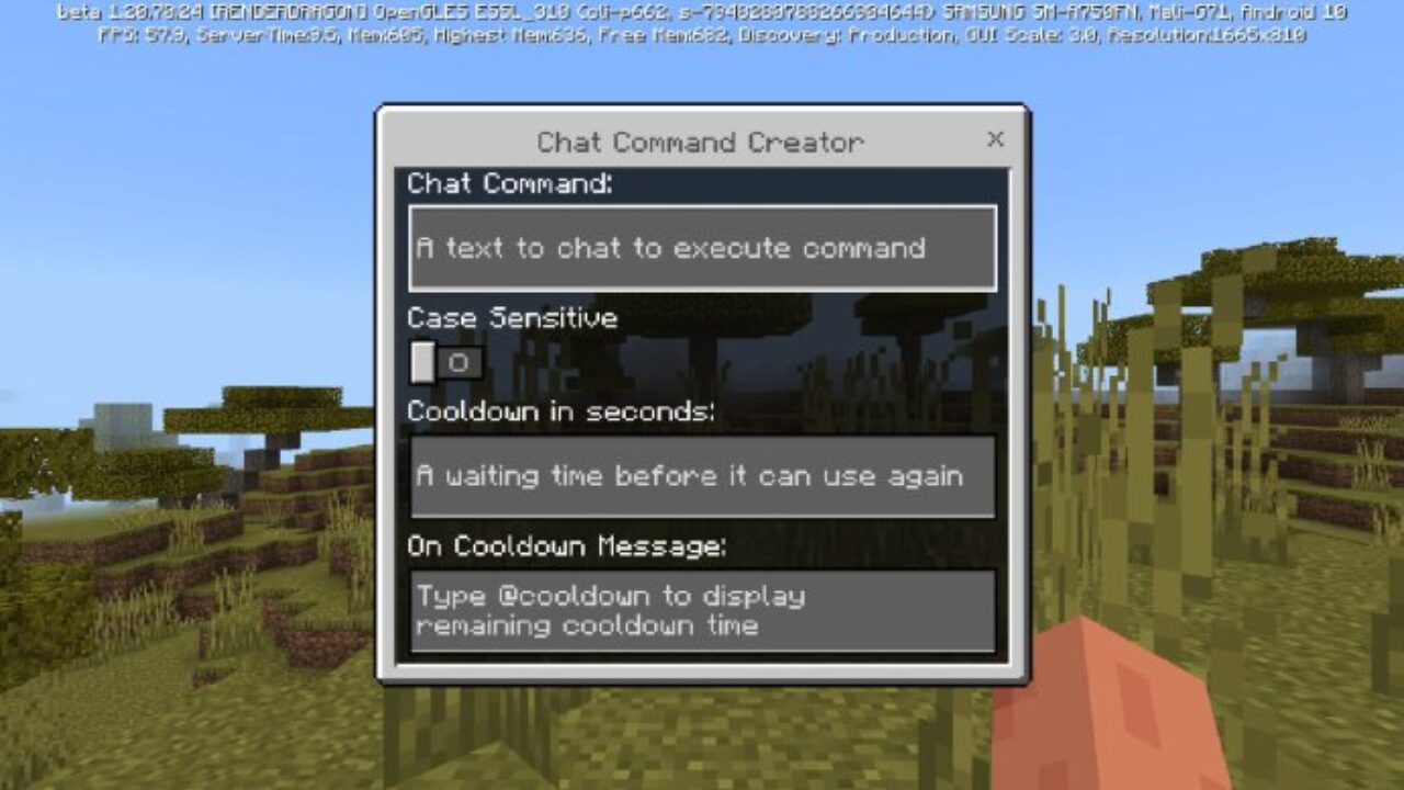 Options from Chat Command Creator Mod for Minecraft PE