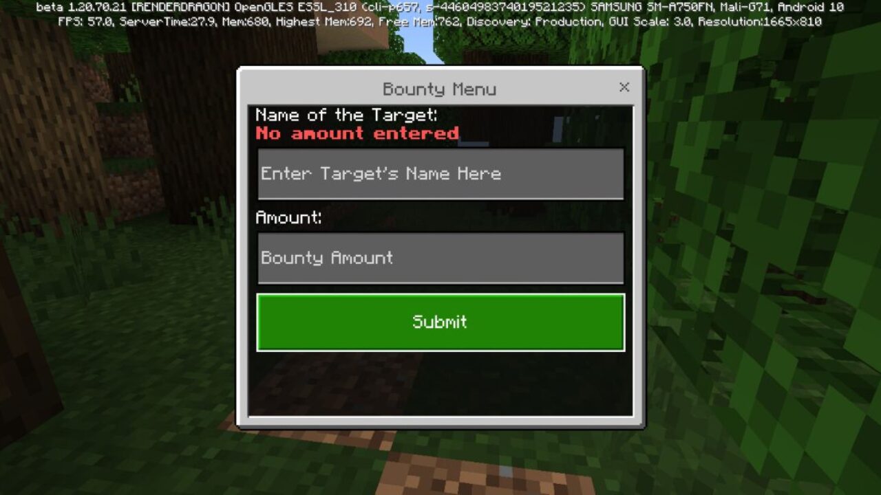 Settings from Bounty System Mod for Minecraft PE