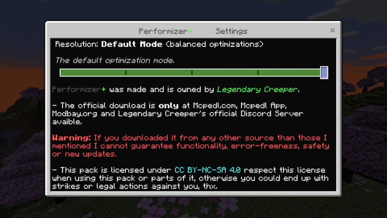 Settings from Perfomizer Plus Texture Pack for Minecraft PE