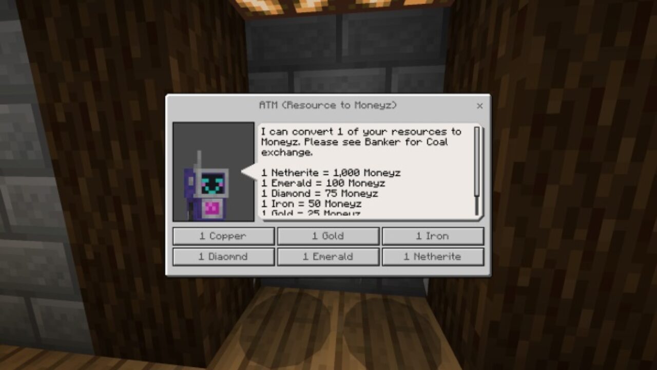 Dialog from MoneyZ Economy Mod for Minecraft PE