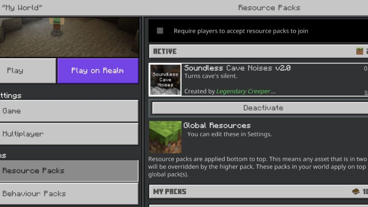 Install from Soundless Cave Noises Texture Pack for Minecraft PE