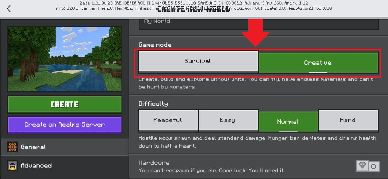 Choose Game Mode (Step 6 from Shaders for Minecraft PE)