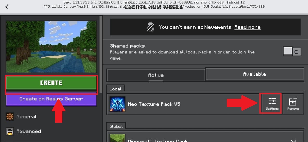 Settings and Create (Step 6 from Shaders for Minecraft PE)