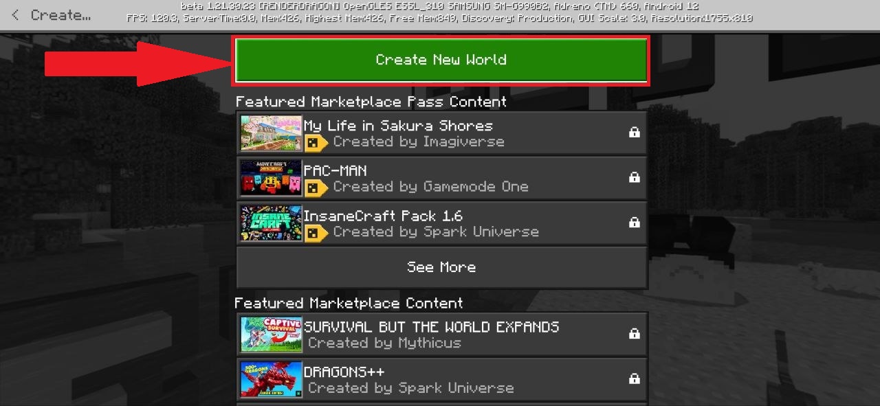 Create New World (Step 3 to install Mods for Minecraft PE)