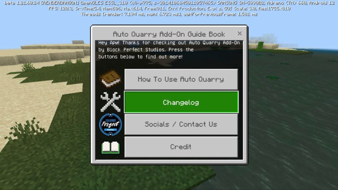 Info from Auto Quarry Mod for Minecraft PE