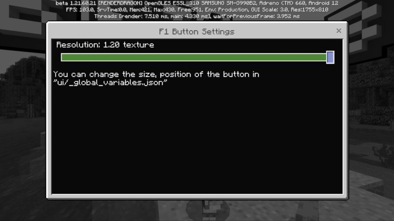 Settings from F1 Button Texture Pack for Minecraft PE