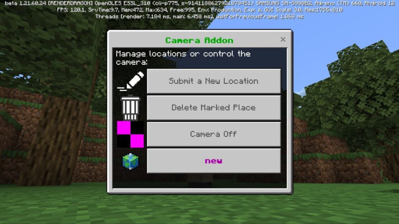 Options from Security Camera Mod for Minecraft PE