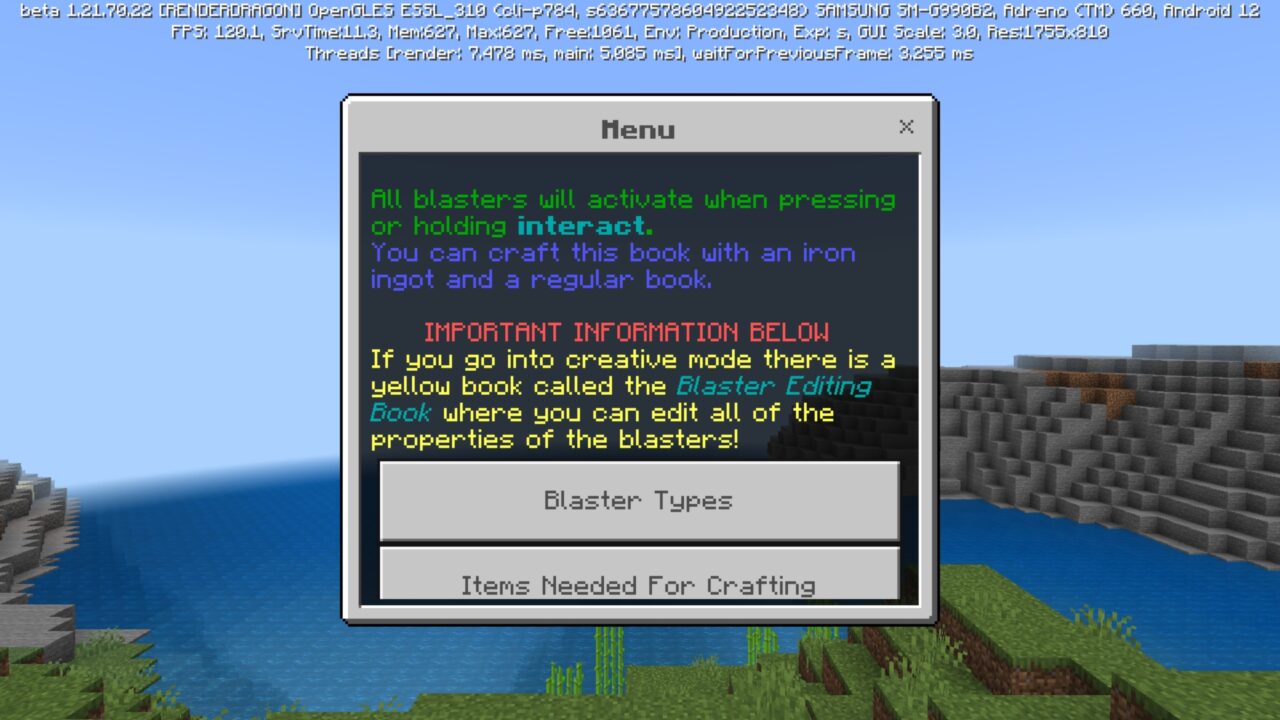 Menu from Blasters Mod for Minecraft PE