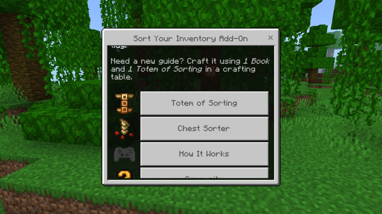 Menu from Sort Your Inventory Mod for Minecraft PE