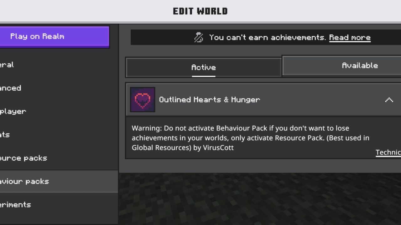 Warning from Outlined Hearts and Hunger Texture Pack for Minecraft PE