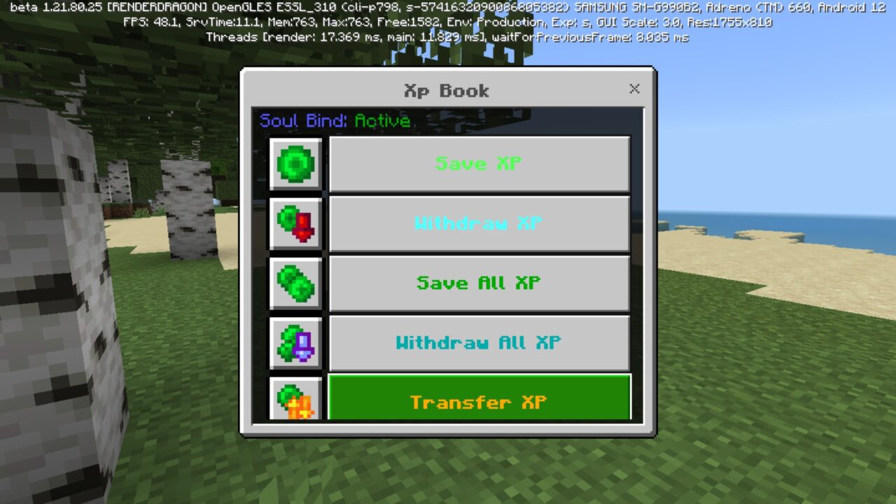 Menu from Experience Book Mod for Minecraft PE