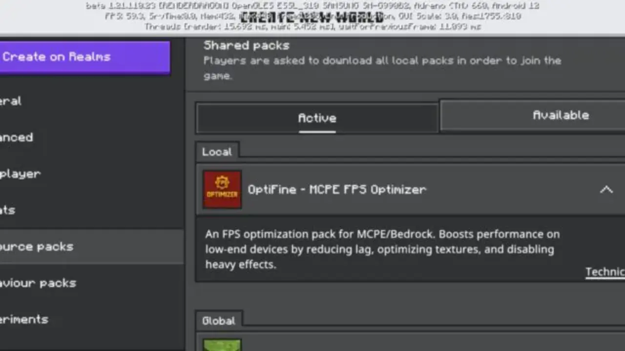 Optimizer from FPS Boost and Optimization Mod for Minecraft Bedrock