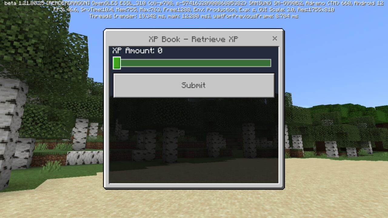 Settings from Experience Book Mod for Minecraft PE