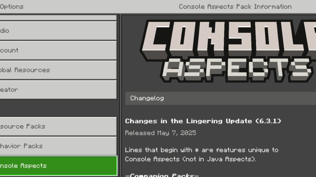 Info from Console Aspects Mod for Minecraft PE