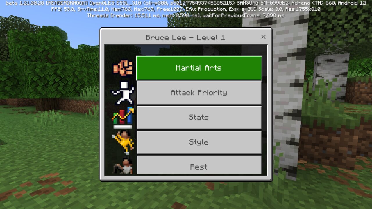 Menu from Bruce Leee Mod for Minecraft PE