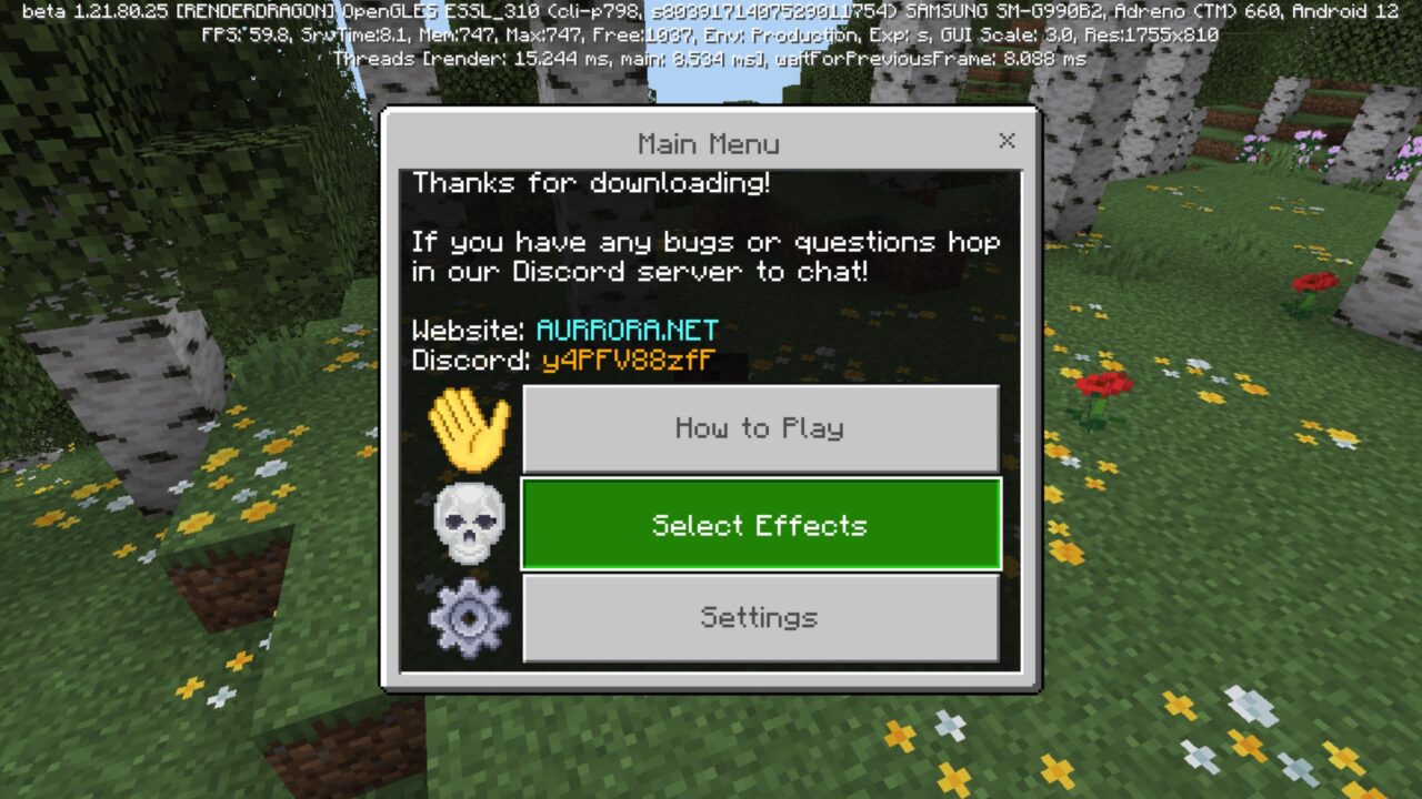 Menu from Damage Effects Mod for Minecraft PE