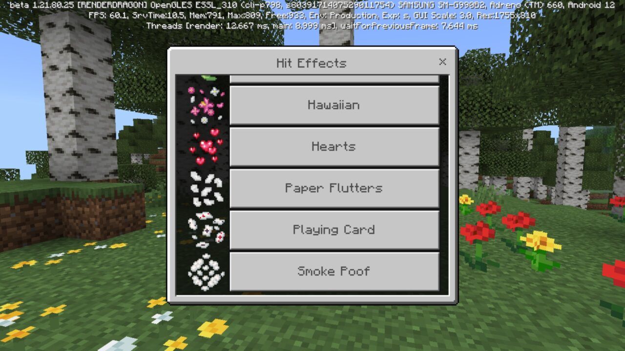 Options from Damage Effects Mod for Minecraft PE