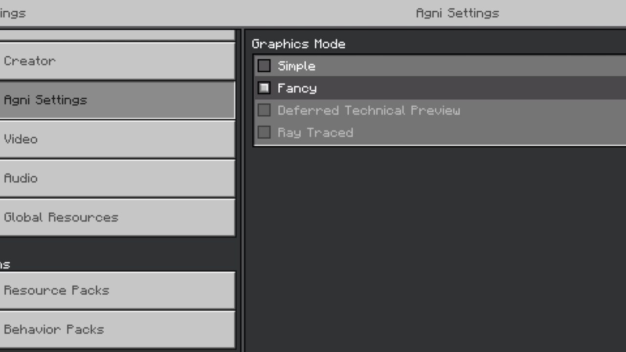 Settings from Agni Shader for Minecraft PE