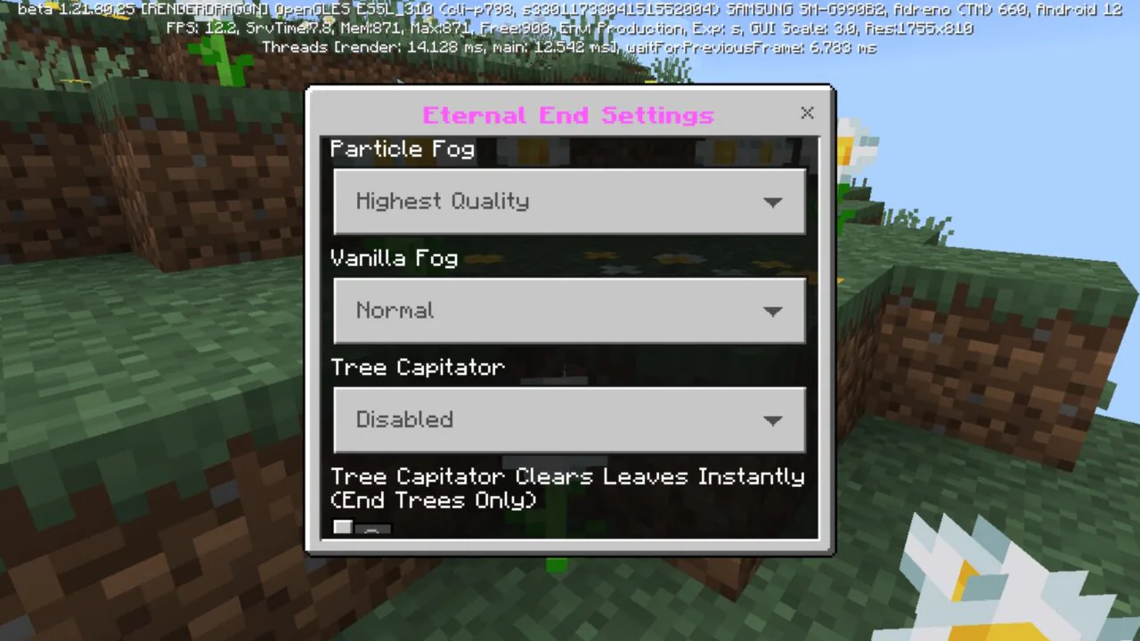 Settings from New Ender World Mod for Minecraft PE