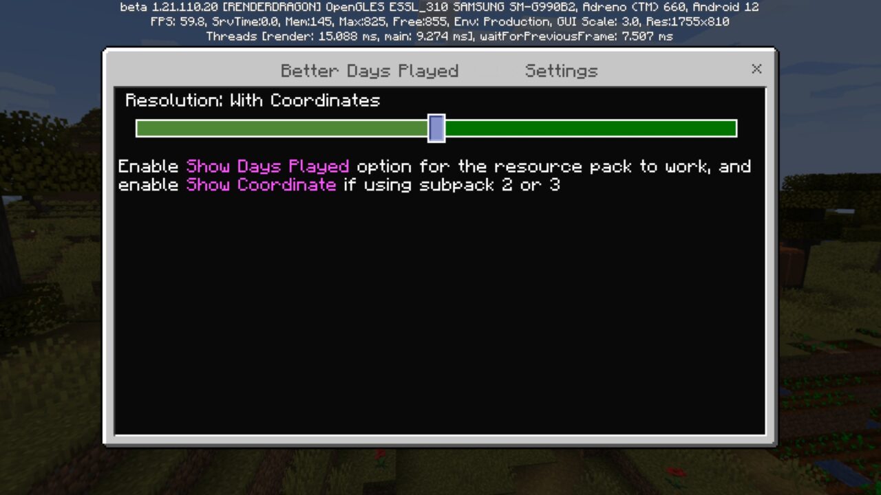 Settings from Better Days Texture Pack for Minecraft PE