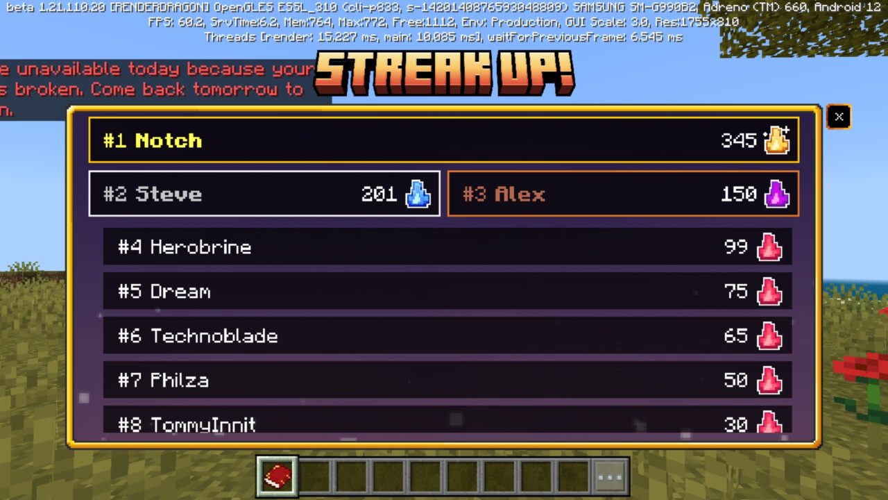 Info from Streak Up Mod for Minecraft PE