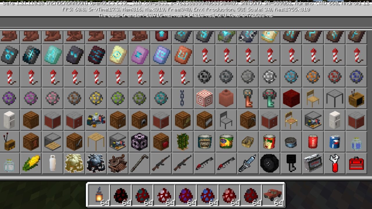 Inventory from Experiment 8 Mod for Minecraft PE