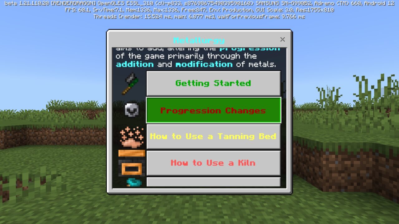 Menu from Metallurgy Mod for Minecraft PE