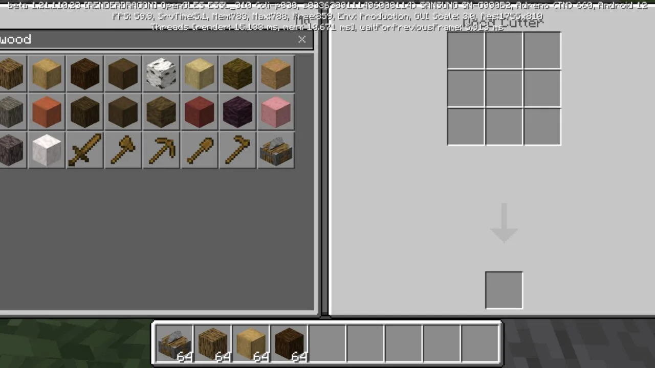 Options from Wood Cutter Mod for Minecraft PE