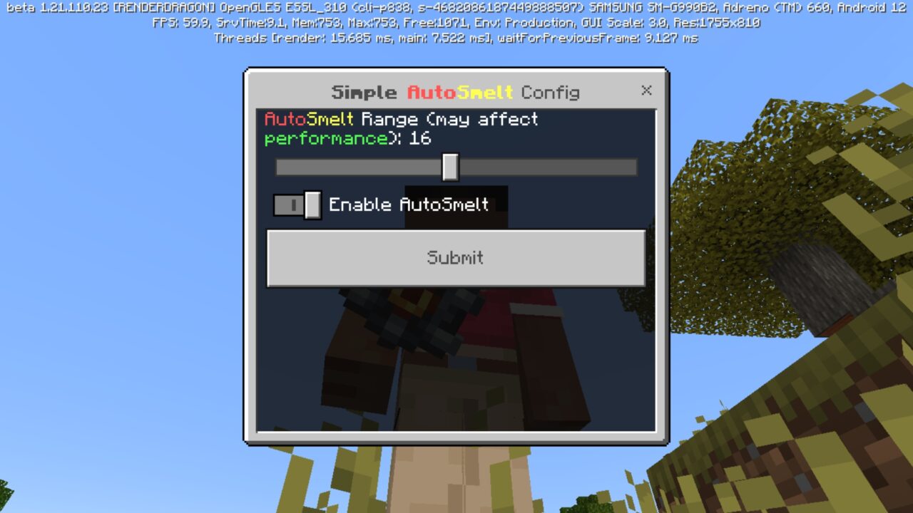 Settings from AutoSmelt Mod for Minecraft PE