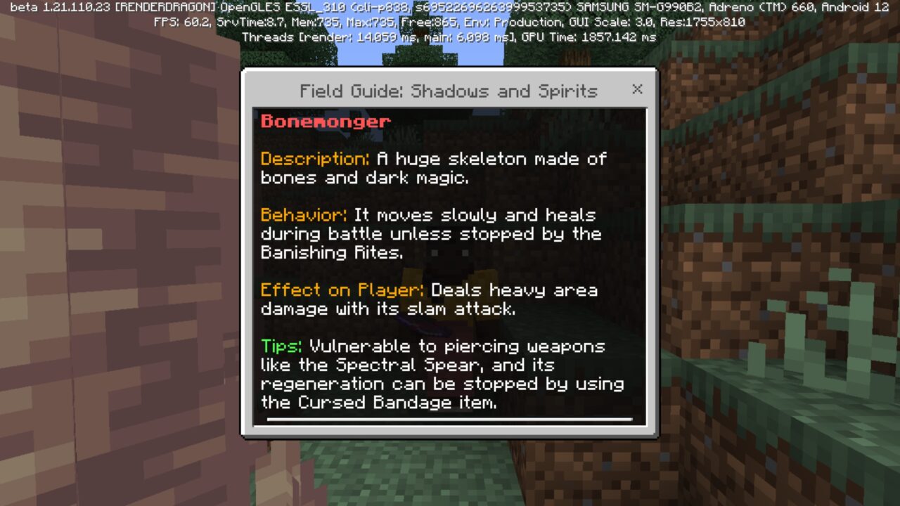 Info from Shadows and Spirits Mod for Minecraft PE