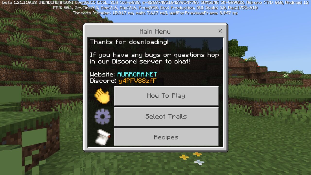 Menu from Player Trails Mod for Minecraft PE