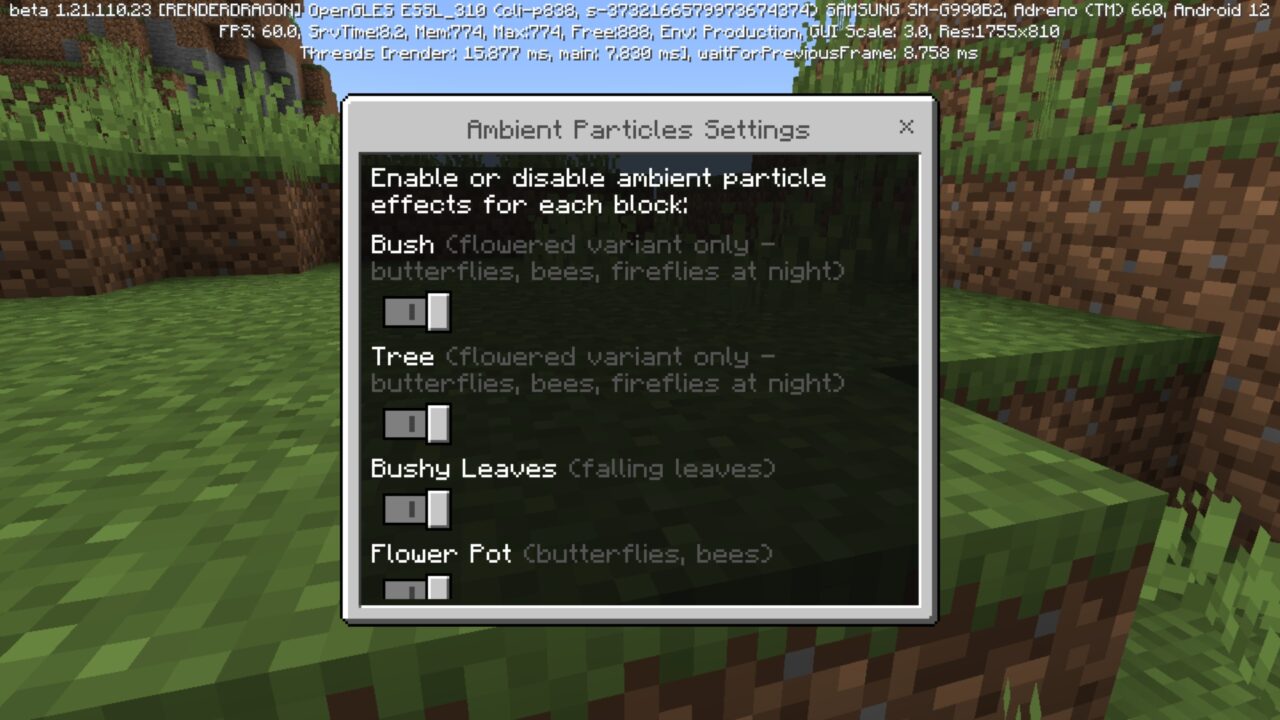 Settings from Furniture Builder Mod for Minecraft PE