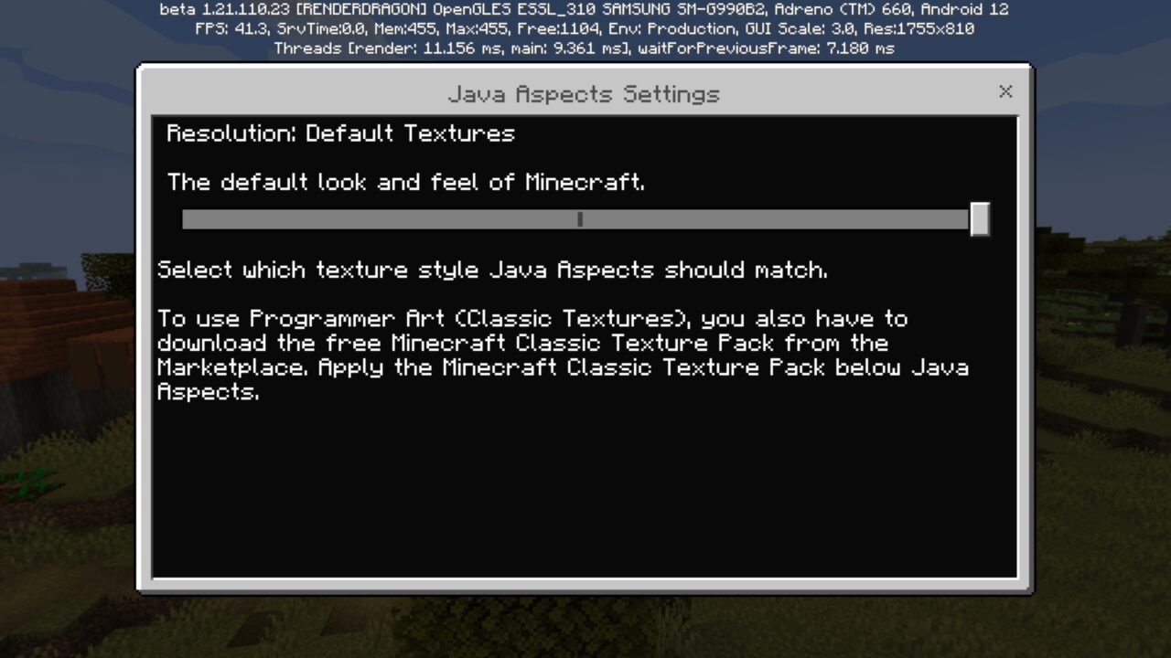 Settings from Java Aspects Mod for Minecraft PE