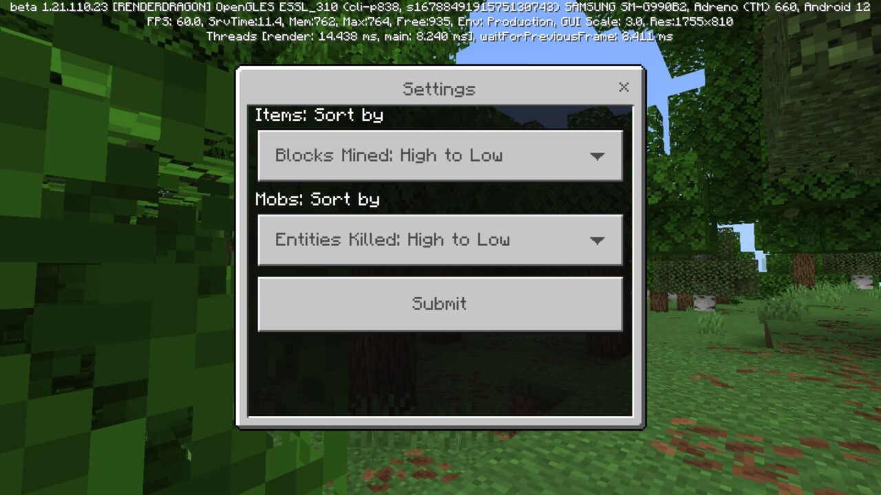 Settings from Statistics Mod for Minecraft PE