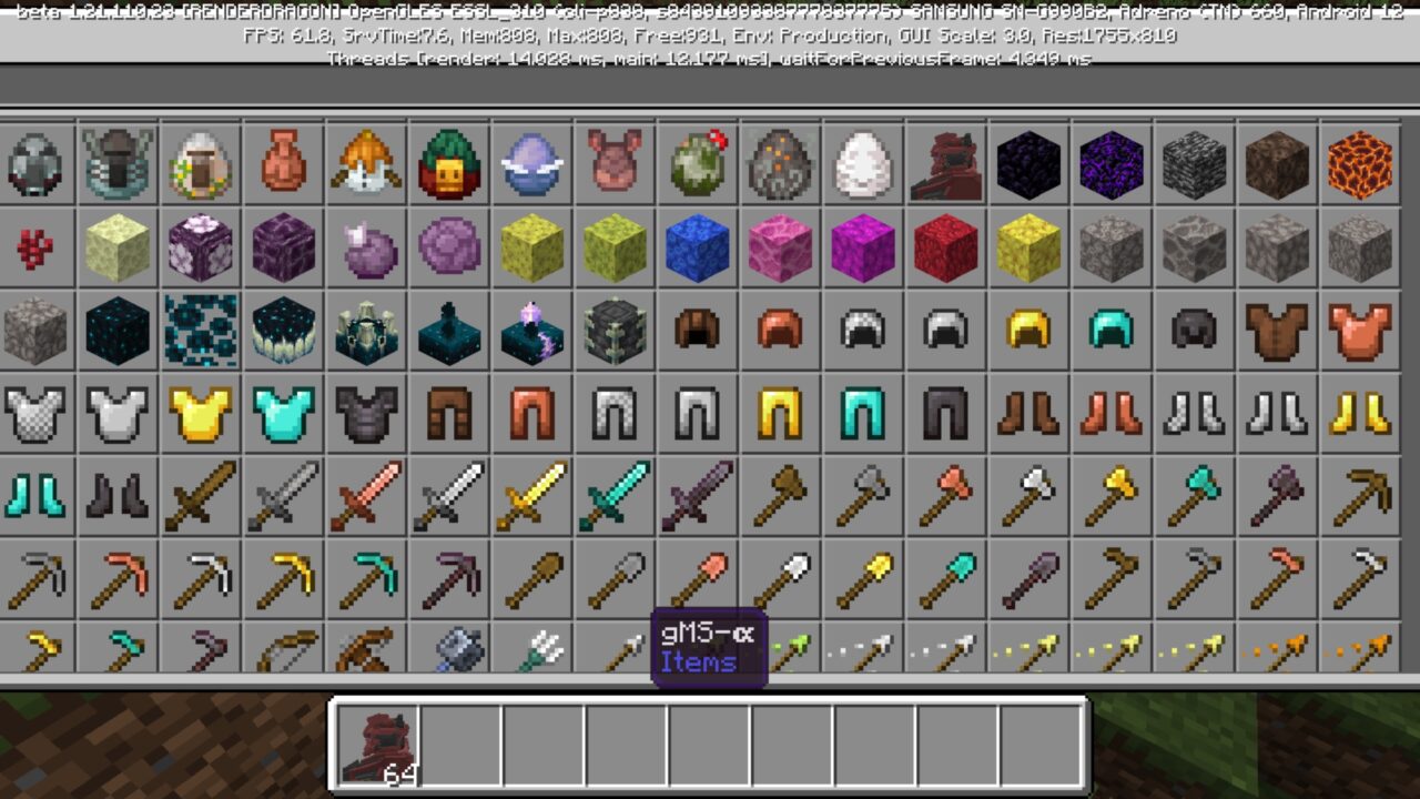 Inventory from Mobilesuit Gundam Mod for Minecraft PE