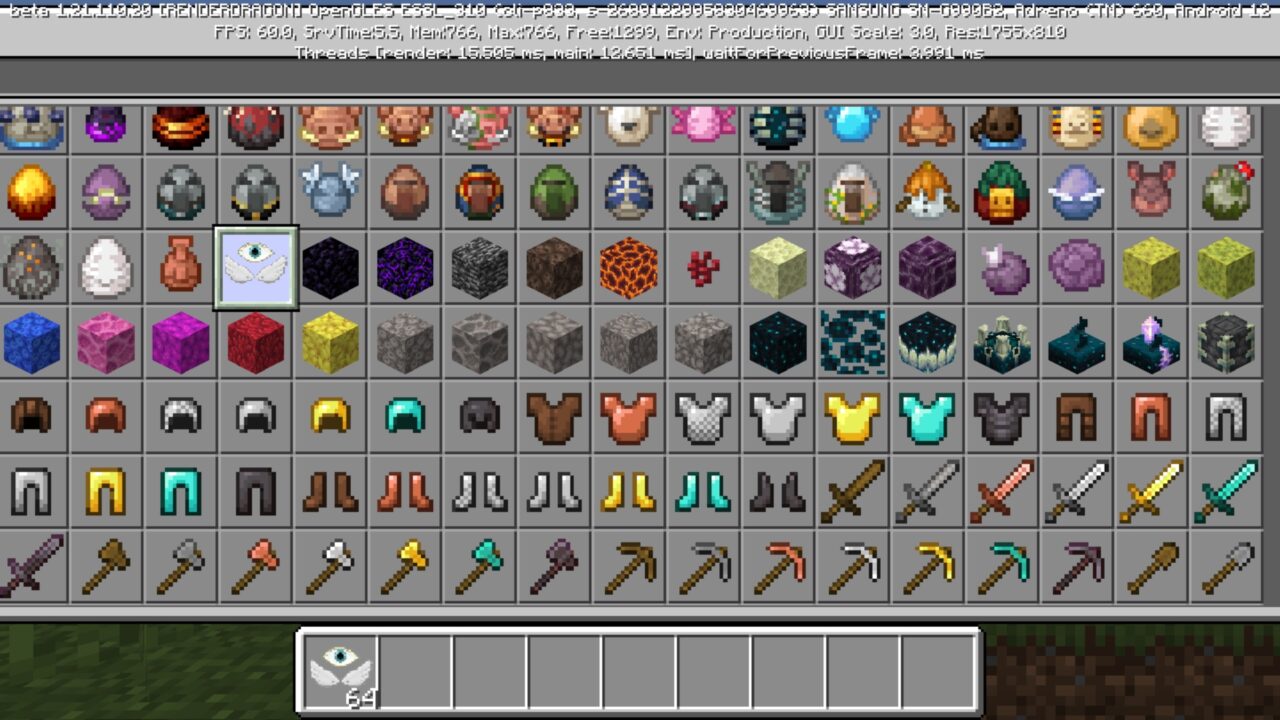 Inventory from The God Mod for Minecraft PE