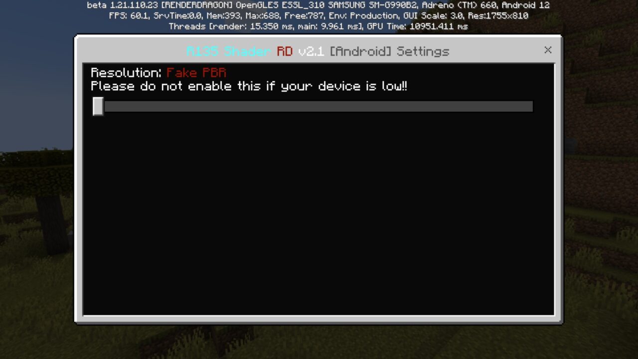Settings from R135 Shader for Minecraft PE