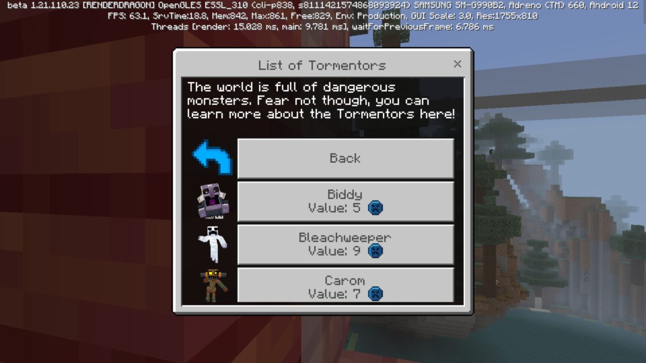Settings from Tormentors Mod for Minecraft PE