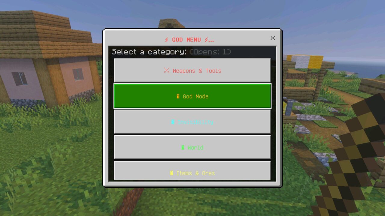 Menu from The God Mod for Minecraft PE