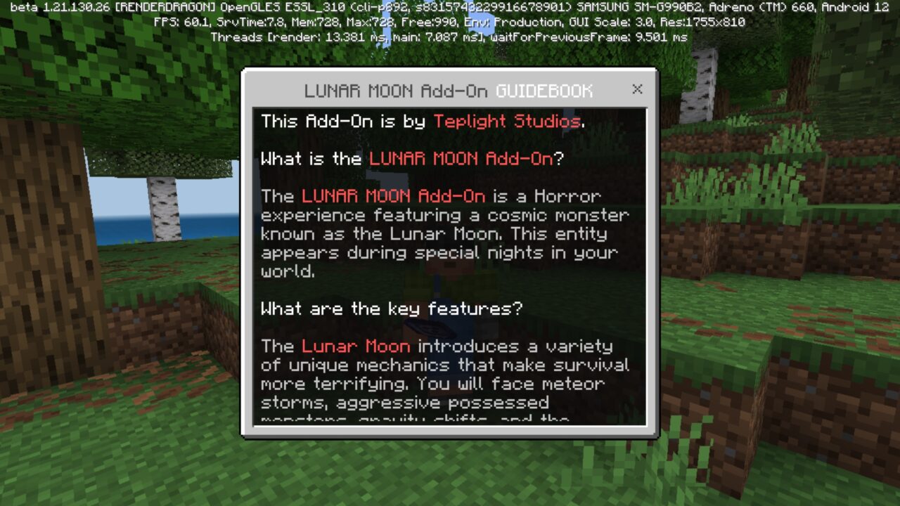 Guidebook from Lunar Moon Mod for Minecraft PE