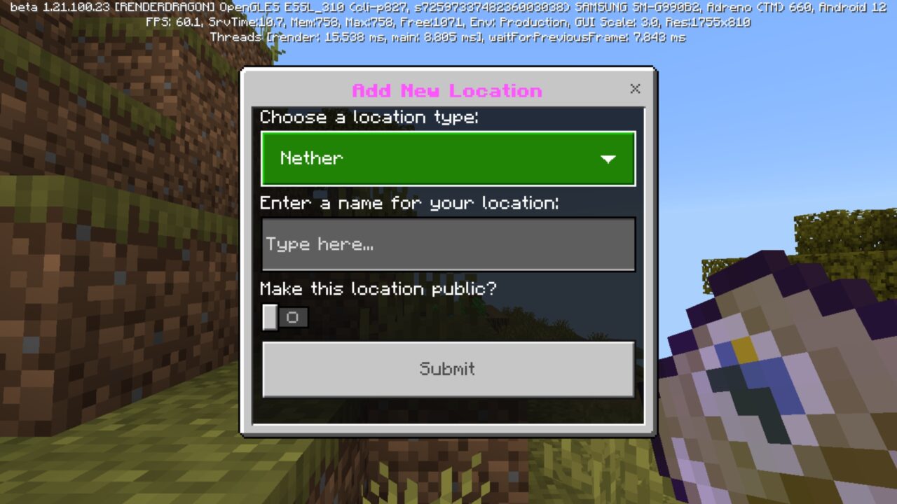 Location from Location Diary Mod for Minecraft PE