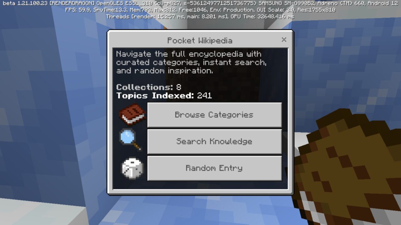 Main Menu from Pocket Wikipedia Mod for Minecraft PE