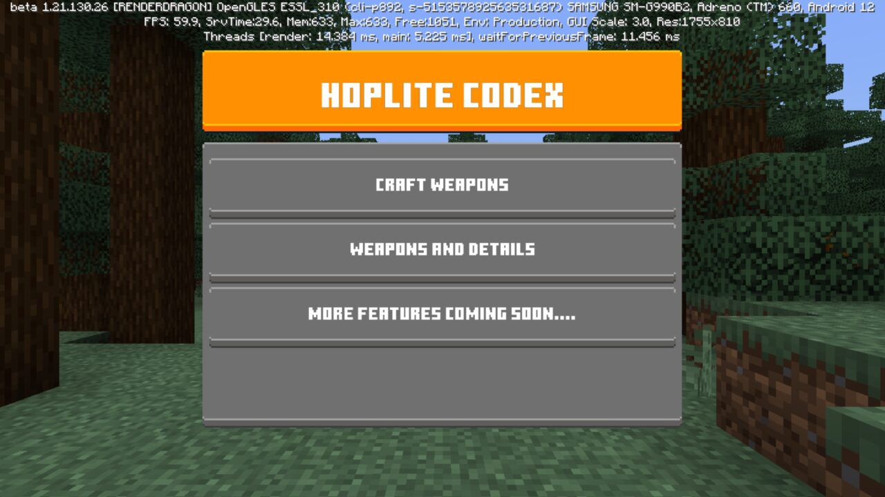 Menu from Hoplite Weapons Mod for Minecraft PE