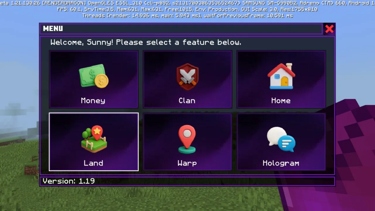Menu from Server Mods for Minecraft PE