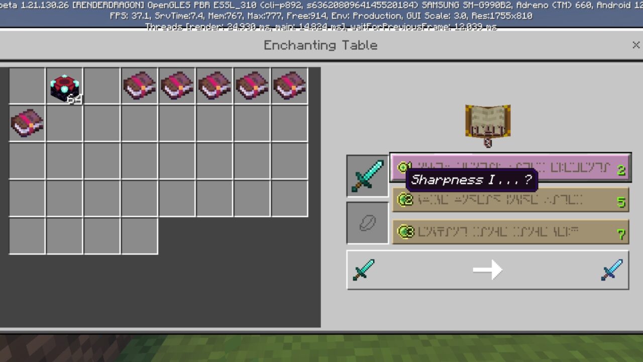 Options from Library Enchants Mod for Minecraft PE