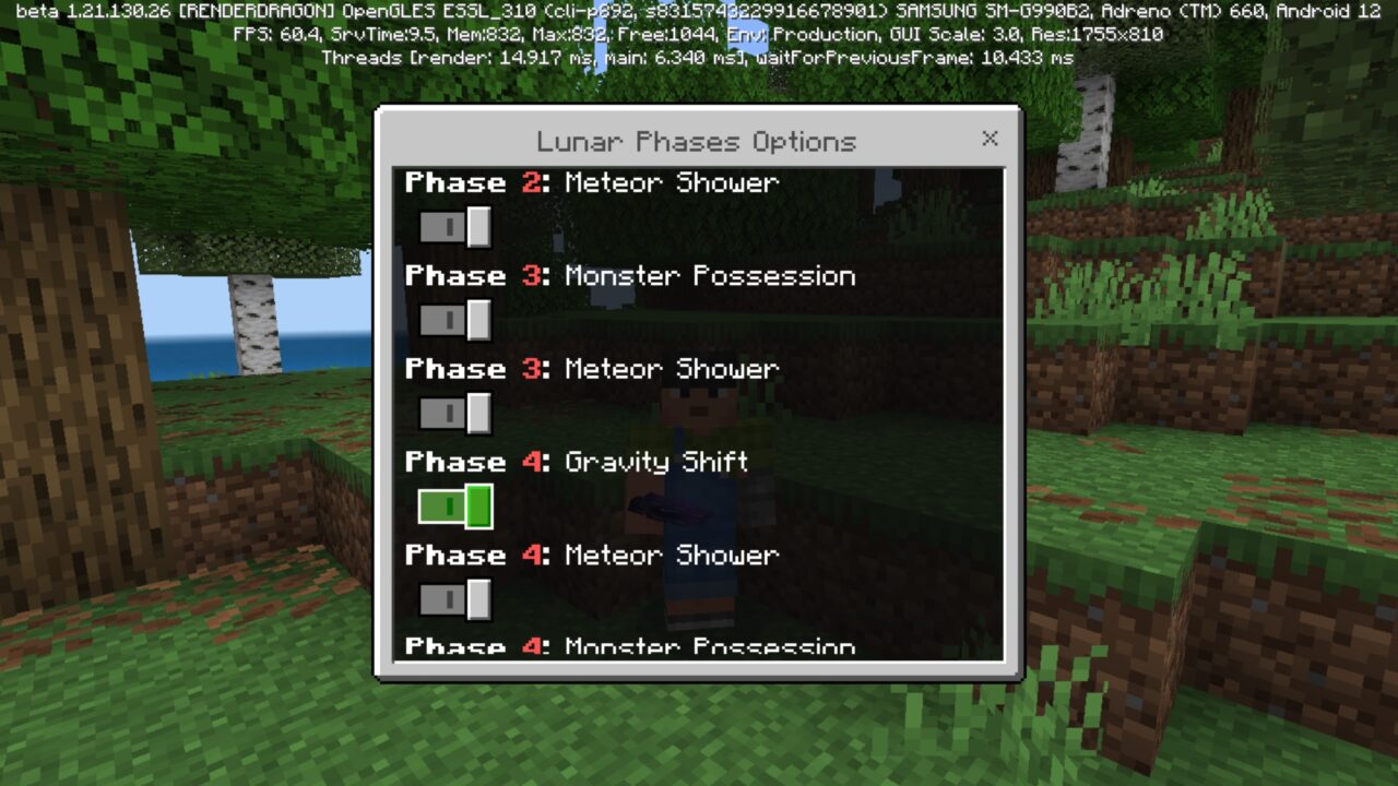 Options from Lunar Moon Mod for Minecraft PE